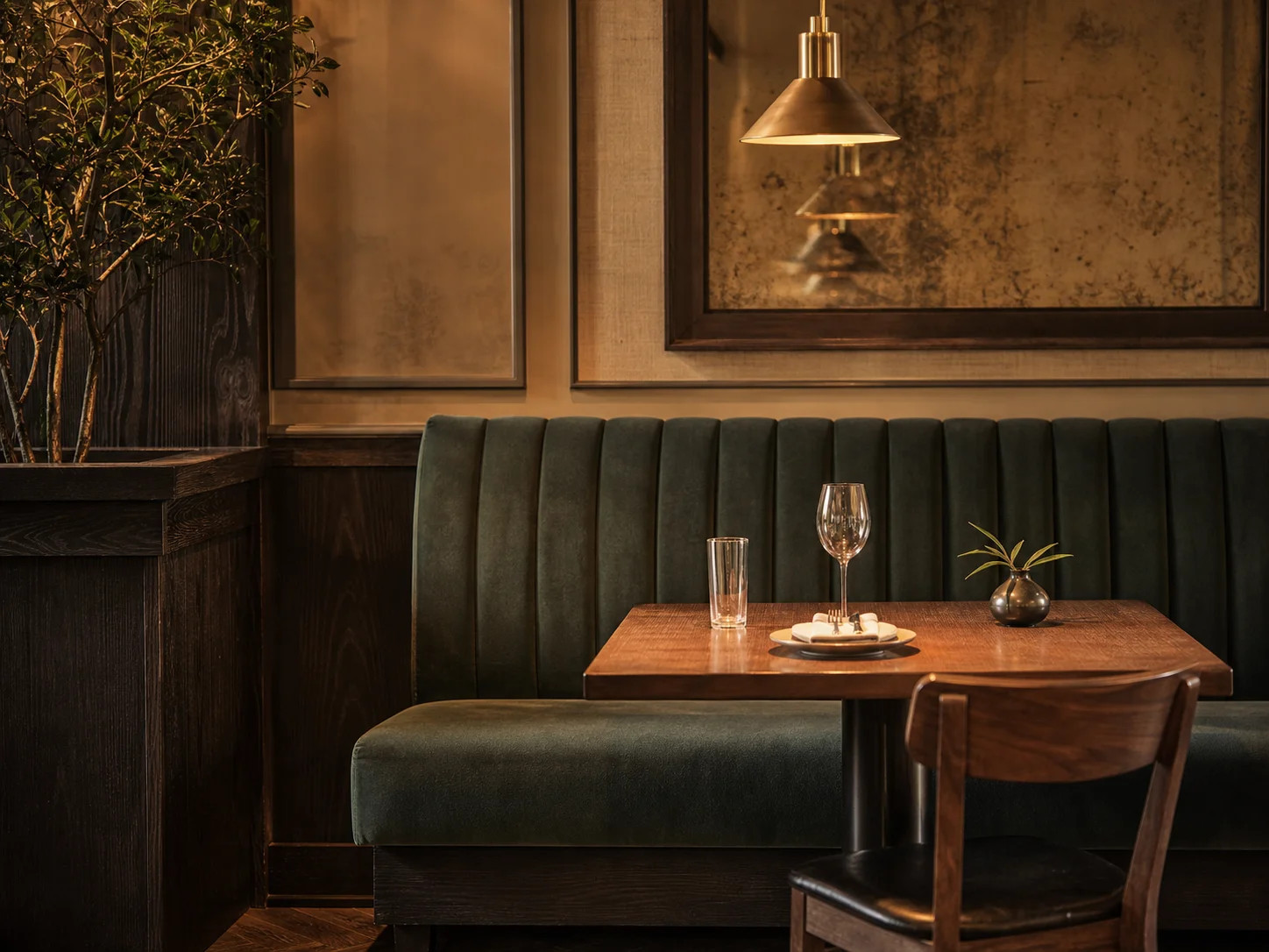 Bankett-Sitzbank mit tiefer Polster-Lehne entlang einer Restaurant-Wand mit einzelnem Holztisch davor