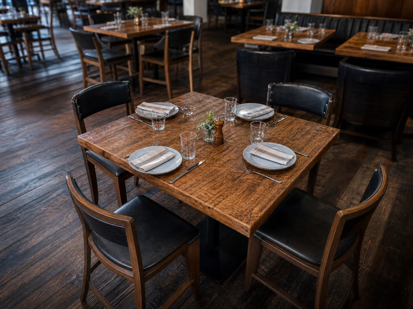 Vierer-Holztisch im Zentrum eines Restaurant-Gastraums mit weiteren Tischen im Hintergrund
