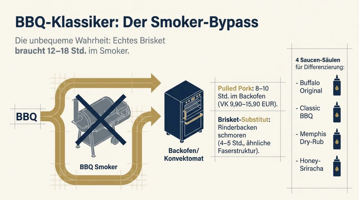 BBQ Restaurant ohne Smoker: Pulled Pork im Backofen 8–10 Stunden, Brisket-Substitut via Rinderbacken-Schmoren, 4 BBQ-Saucen