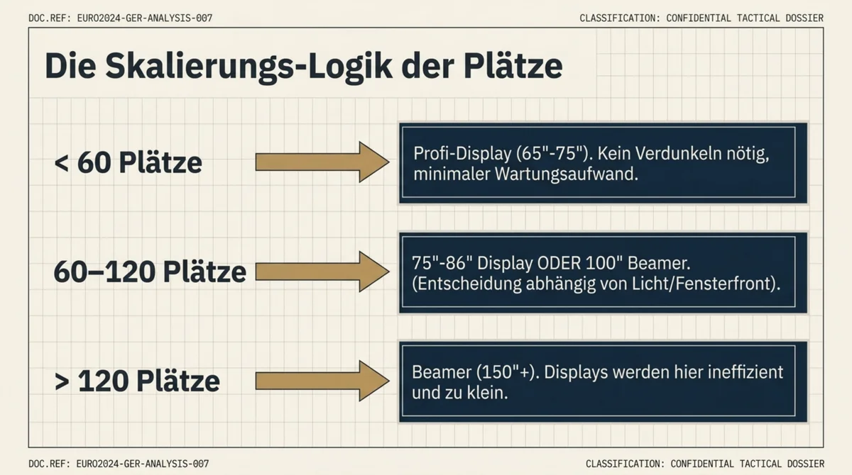 Beamer oder Bildschirm Public Viewing Restaurant Skalierung: Unter 60 Plätze Profi-Display, 60-120 Plätze Display oder Beamer, über 120 Plätze Beamer 150 Zoll