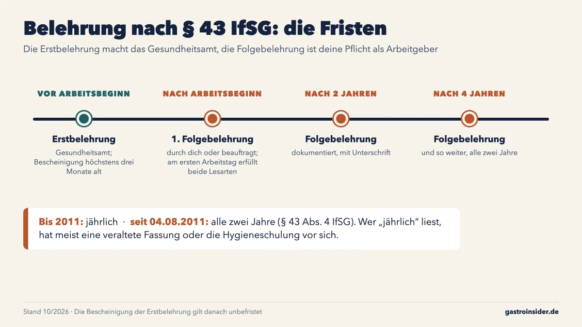 Zeitstrahl der Fristen: Erstbelehrung vor Arbeitsbeginn, Folgebelehrung durch den Arbeitgeber alle zwei Jahre