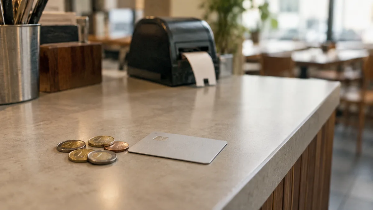 Münzen und Bankkarte auf einem Tresen: die Gebühr für die Erstbelehrung beim Gesundheitsamt
