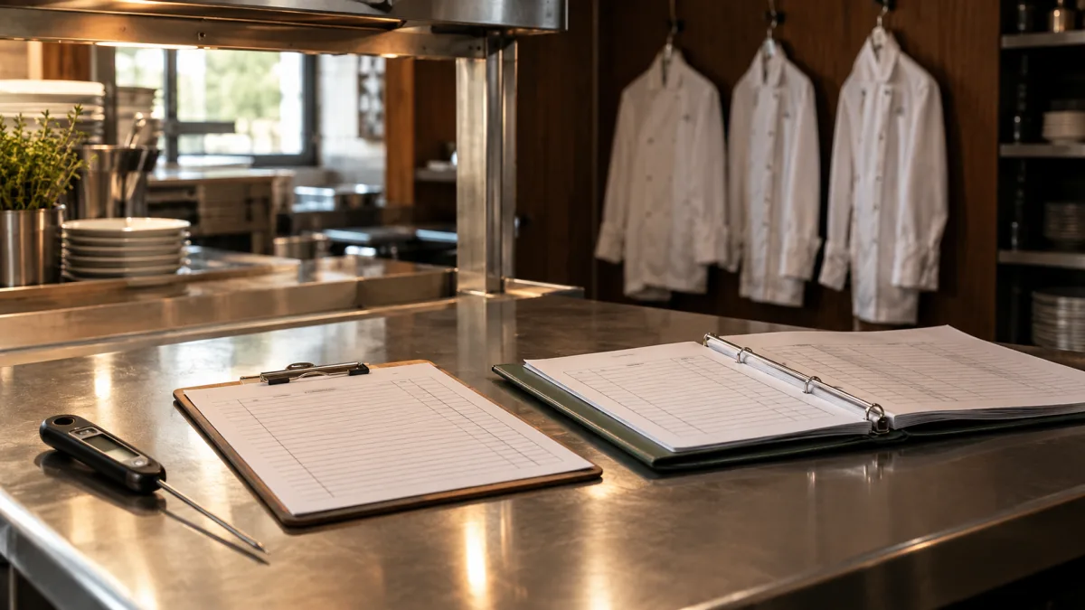 Einstichthermometer und Klemmbrett mit Teilnehmerliste am Pass: Hygieneschulung in der Restaurantküche