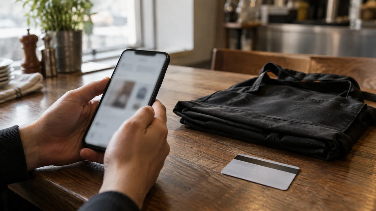 Hände mit Smartphone an einem Restauranttisch, daneben Kellnerschürze und Plastikkarte: Erstbelehrung nach Infektionsschutzgesetz online
