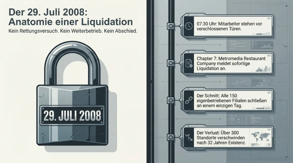 Bennigan's Insolvenz 2008 Chapter 7 Liquidation: Timeline 29. Juli 2008 – 150 Filialen schließen an einem Tag