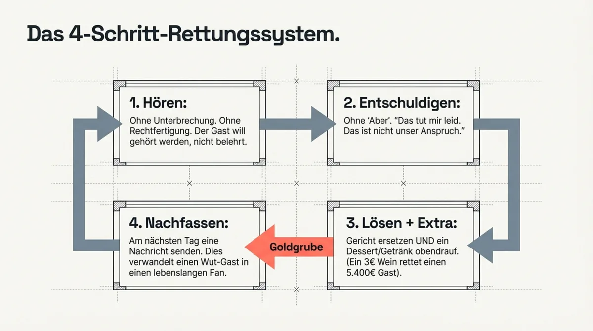 Das 4-Schritt-Rettungssystem bei Beschwerden: Hören, Entschuldigen, Lösen plus Extra, Nachfassen am Folgetag