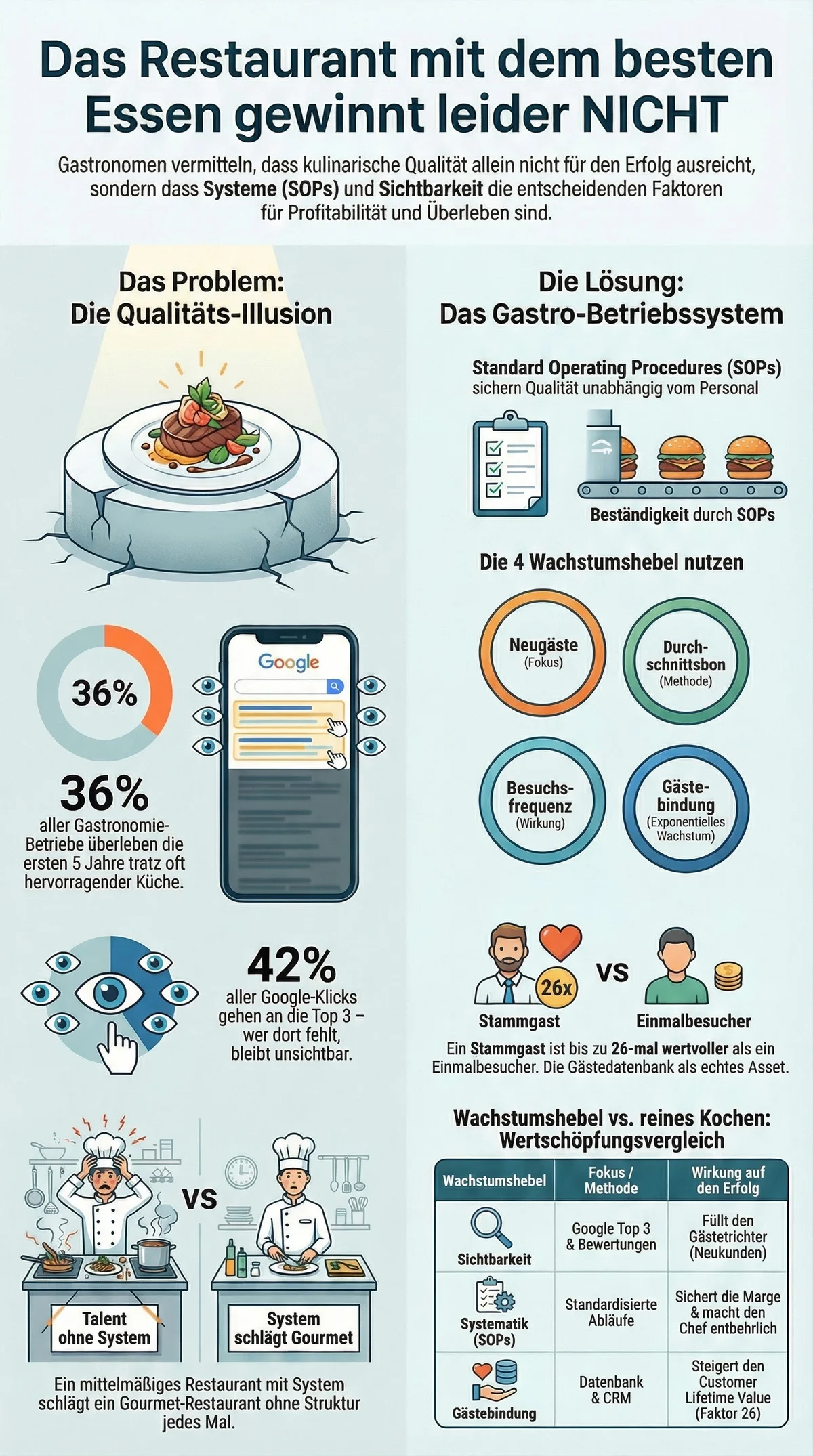 Das Restaurant mit dem besten Essen gewinnt leider nicht: Qualitäts-Illusion vs. Gastro-Betriebssystem mit SOPs und Wachstumshebeln