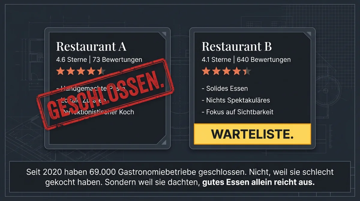 Restaurant A mit bestem Essen geschlossen vs Restaurant B mit System und Sichtbarkeit hat Warteliste – der Beweis dass Qualität allein nicht reicht