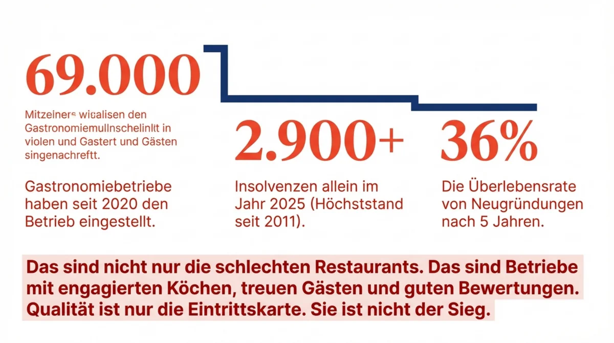 Qualitäts-Illusion Gastronomie: 69.000 Betriebe eingestellt seit 2020, 2.900 Insolvenzen 2025, nur 36 Prozent Überlebensrate nach 5 Jahren