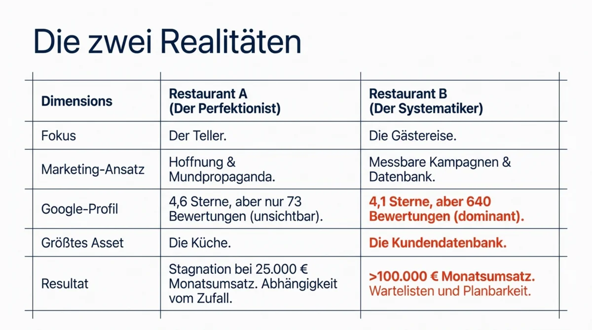 Die zwei Realitäten der Gastronomie: Restaurant A setzt auf Perfektion und hat 73 Bewertungen – Restaurant B fokussiert Sichtbarkeit und hat 640