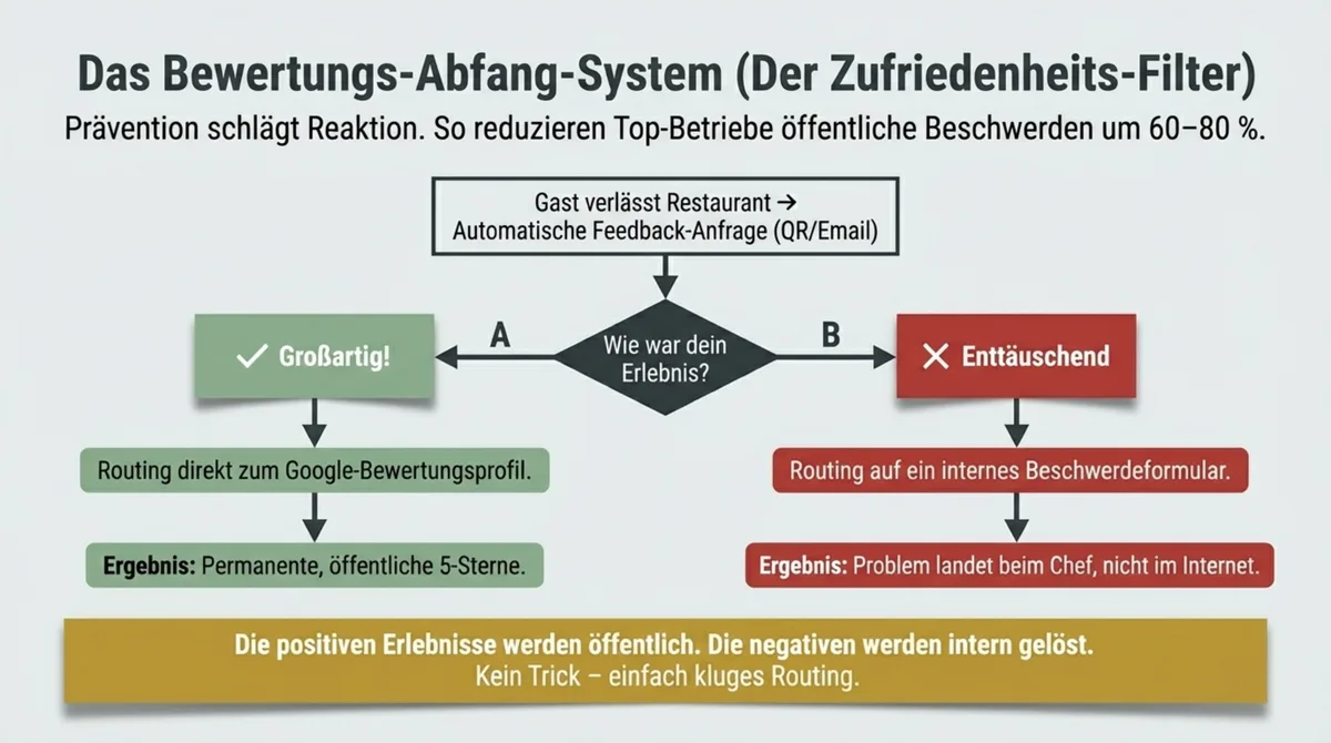 Das Bewertungs-Abfang-System: Zufriedenheits-Filter leitet zufriedene Gäste zu Google und fängt unzufriedene intern ab