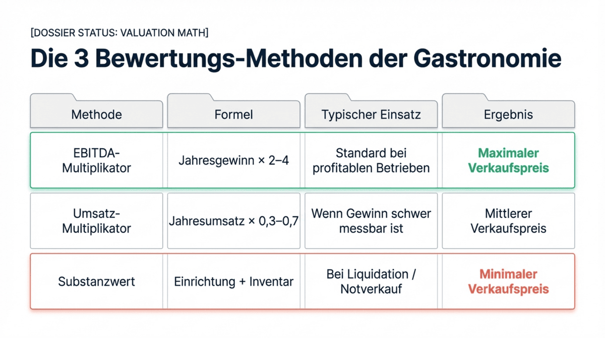 Die 3 Bewertungsmethoden für Gastronomiebetriebe im Vergleich: EBITDA-Multiplikator, Umsatz-Multiplikator und Substanzwert