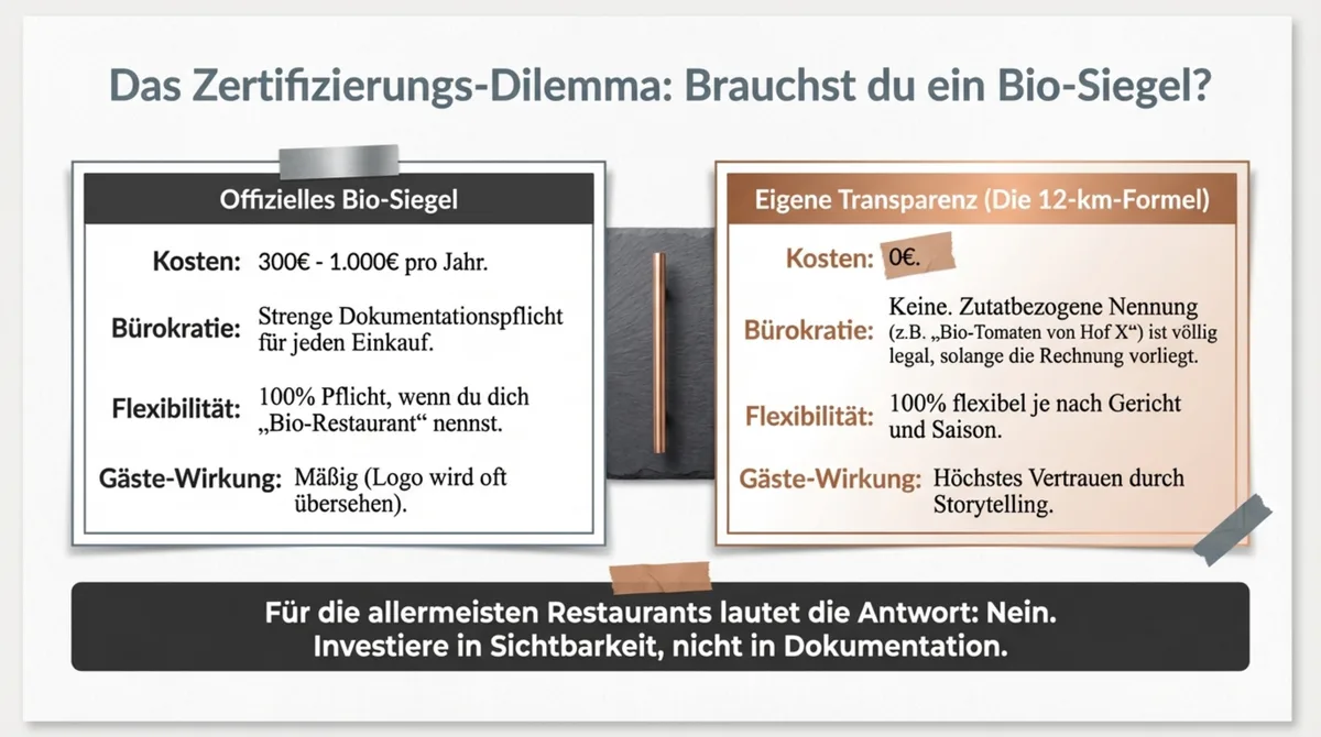 Bio-Siegel versus 12-km-Formel im Restaurant: Zertifizierung kostet bis zu 1.000 Euro jährlich, eigene Transparenz kostet null Euro