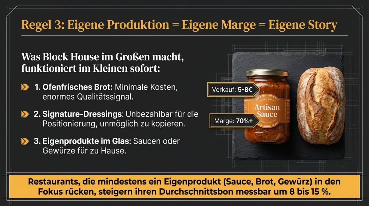Eigenproduktion im Restaurant steigert Marge und Positionierung: Sauce, Brot, Dressings als Block-House-Prinzip für höheren Durchschnittsbon