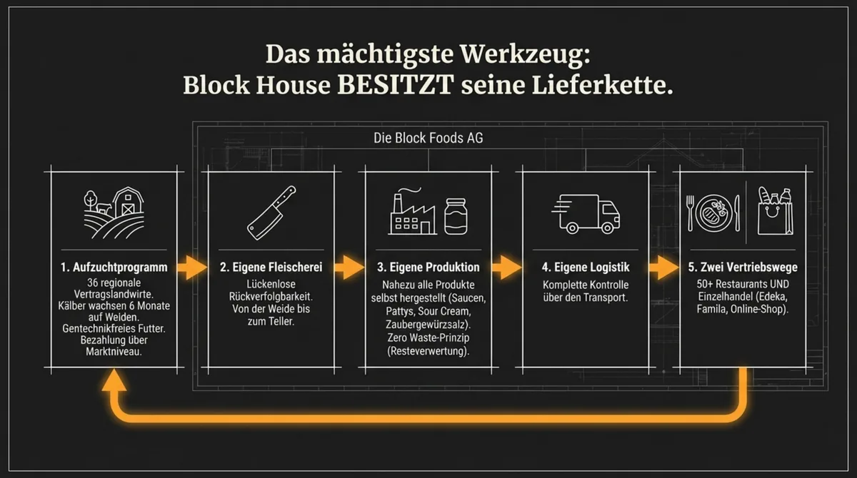 Block House Lieferkette: Von 36 Vertragslandwirten über eigene Fleischerei und Block-Foods-Produktion bis zu 50 Restaurants und Einzelhandel