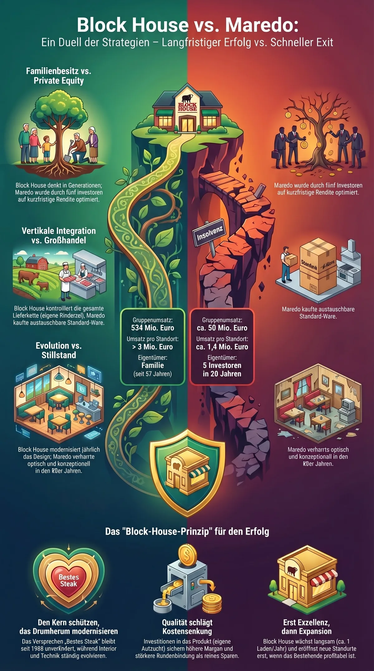 Infografik Block House vs. Maredo Strategievergleich: Familienbesitz vs. Private Equity, vertikale Integration vs. Großhandel, Evolution vs. Stillstand