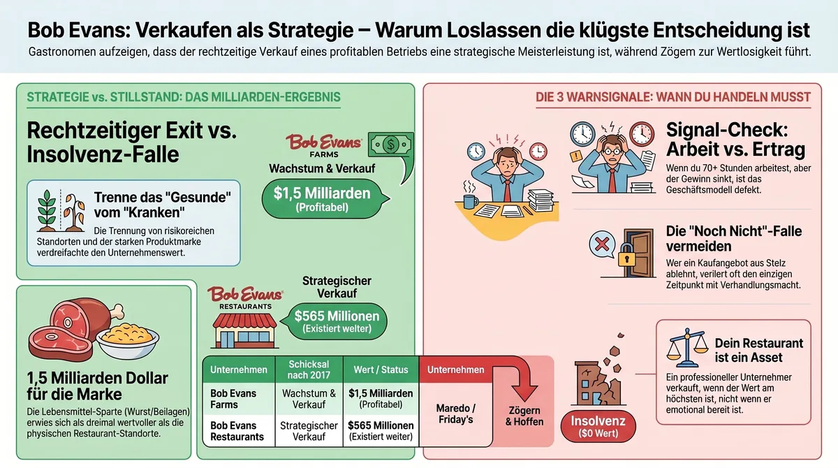 Bob Evans Verkaufen als Strategie Infografik: Rechtzeitiger Exit versus Insolvenz-Falle mit den 3 Warnsignalen wann du handeln musst