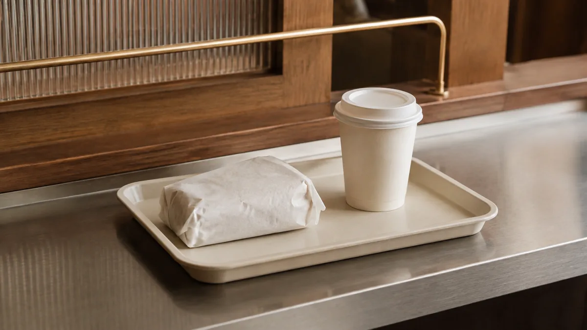Standardisiertes Tablett mit gleichmäßig portionierten Elementen auf Edelstahltresen
