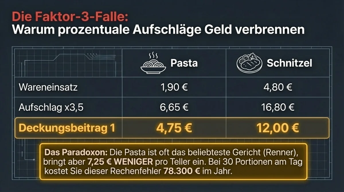 Die Faktor-3-Falle in der Gastronomie: Wie prozentuale Aufschläge Geld verbrennen am Beispiel Pasta und Schnitzel