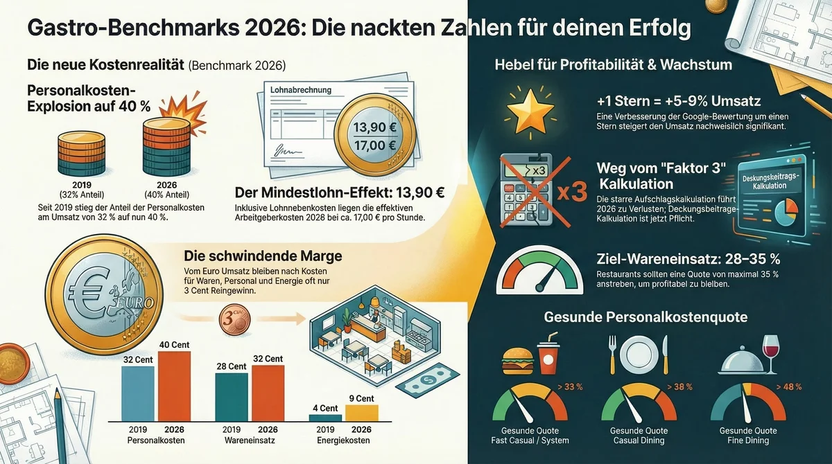 Gastro-Benchmarks 2026: Personalkosten-Explosion auf 40%, schwindende Marge, Mindestlohn-Effekt als Infografik