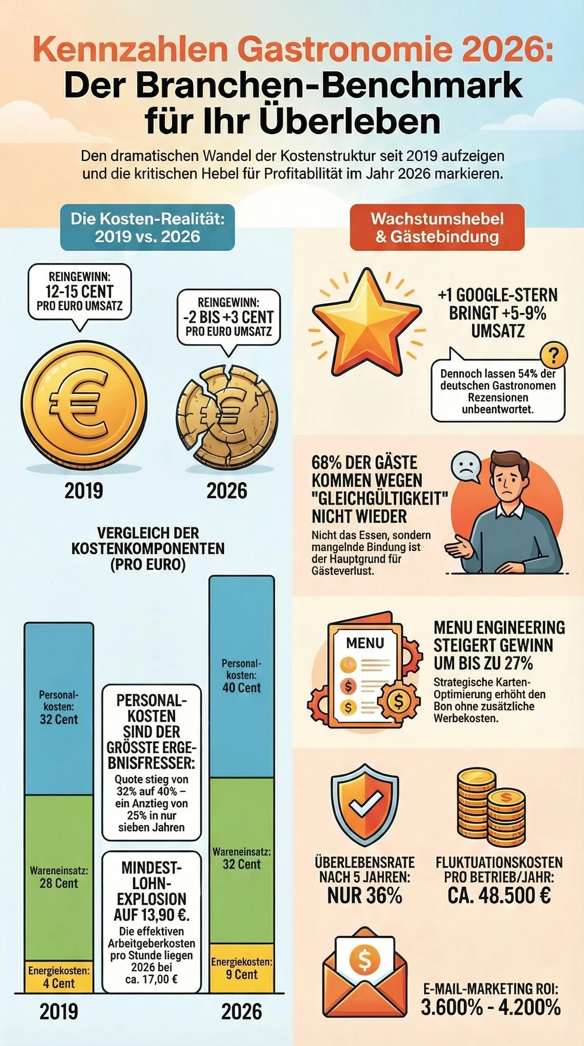 Kennzahlen Gastronomie 2026: Kompletter Branchen-Benchmark von Reingewinn bis E-Mail-Marketing-ROI als Infografik