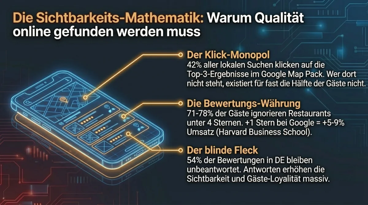 Sichtbarkeits-Mathematik Gastronomie: Warum Qualität allein online nicht gefunden wird und Google-Bewertungen über Umsatz entscheiden