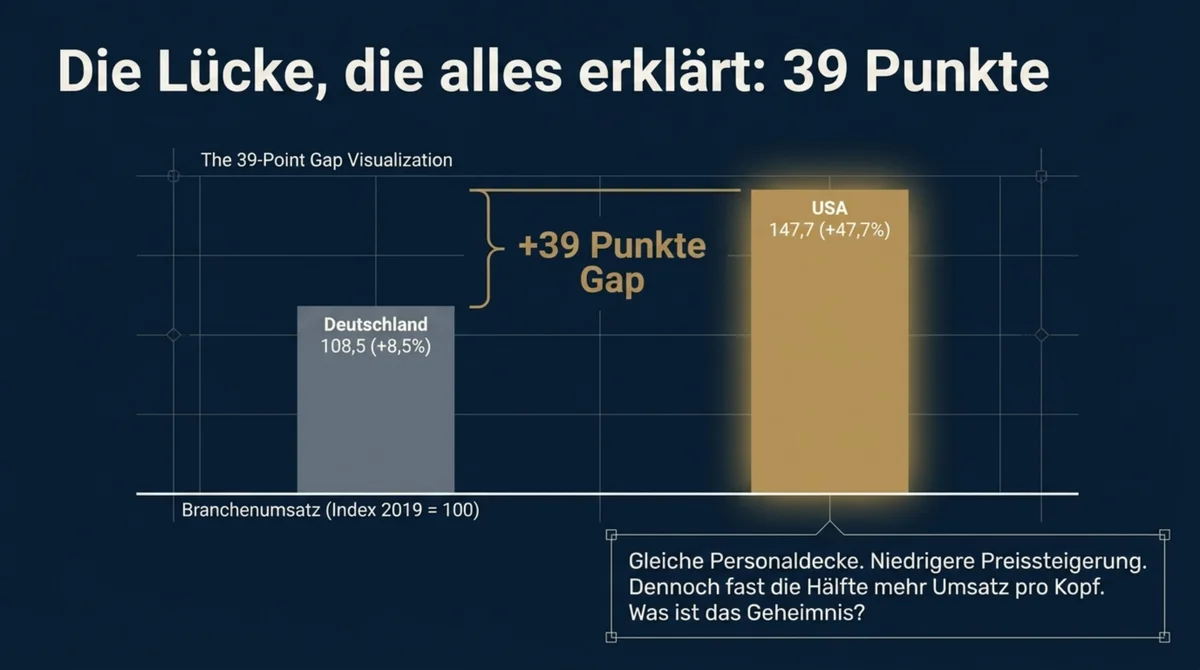 Branchenumsatz 39-Punkte-Gap Gastronomie: Deutschland 108,5 vs. USA 147,7 Index 2019=100