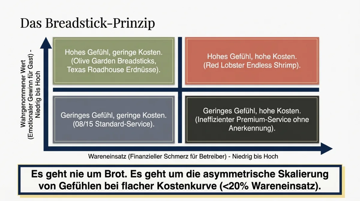 Das Breadstick-Prinzip als 2x2 Matrix: Wahrgenommener Wert versus Wareneinsatz – der Sweet Spot für Restaurant-Rituale