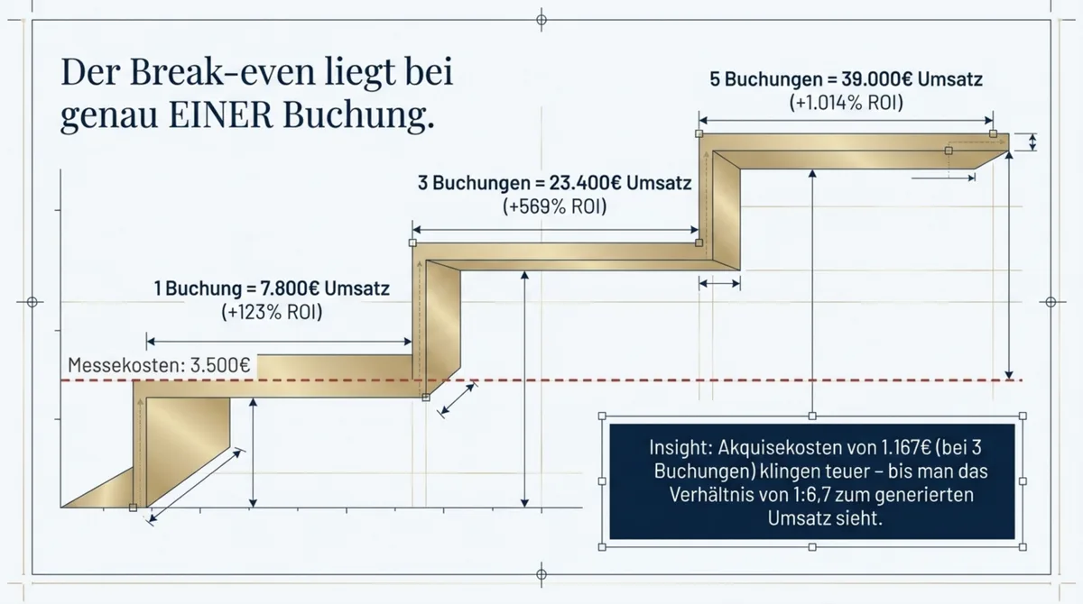 Break-even Hochzeitsmesse: Eine Buchung reicht für 123 Prozent ROI, drei Buchungen bringen 569 Prozent