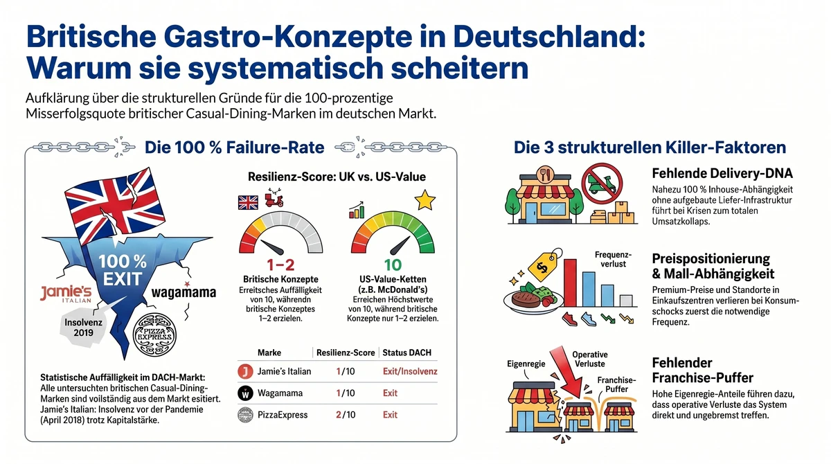 Britische Gastro-Konzepte in Deutschland – 100 Prozent Failure-Rate: strukturelle Killer-Faktoren fehlende Delivery-DNA, Mall-Abhängigkeit, kein Franchise-Puffer