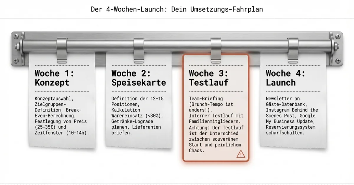 4-Wochen-Startplan für Brunch im Restaurant: Woche 1 Konzept, Woche 2 Speisekarte, Woche 3 Testlauf, Woche 4 Launch