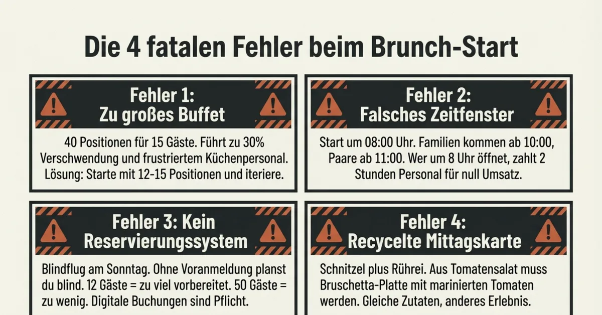 4 fatale Fehler beim Brunch-Start: zu großes Buffet, falsches Zeitfenster, kein Reservierungssystem, recycelte Mittagskarte