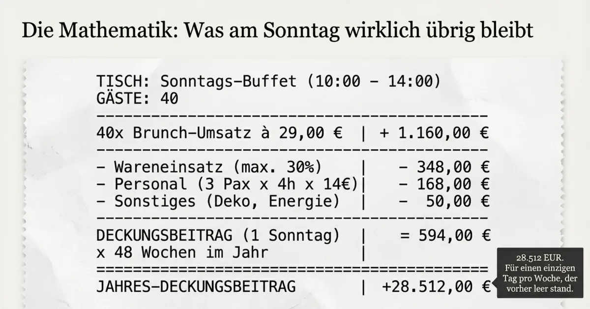 Brunch-Kalkulation als Kassenbon: 40 Gäste, 29 EUR, ergibt 594 EUR Deckungsbeitrag pro Sonntag und 28.512 EUR im Jahr