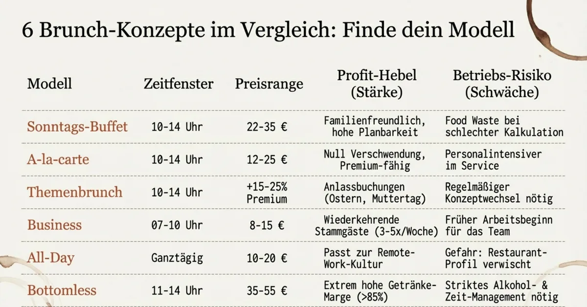6 Brunch-Konzepte im Vergleich: Sonntagsbuffet, A-la-carte, Themenbrunch, Business Breakfast, All-Day und Bottomless Brunch