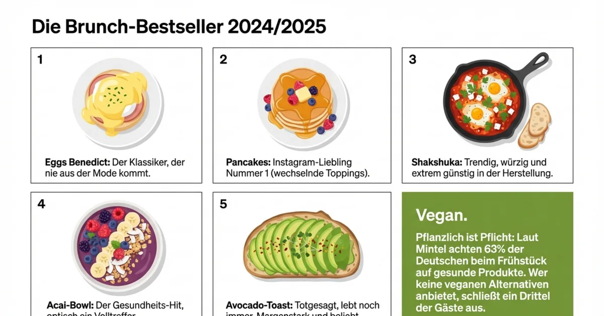 Brunch-Bestseller 2024/2025: Eggs Benedict, Pancakes, Shakshuka, Acai-Bowl und Avocado-Toast auf einer Karte
