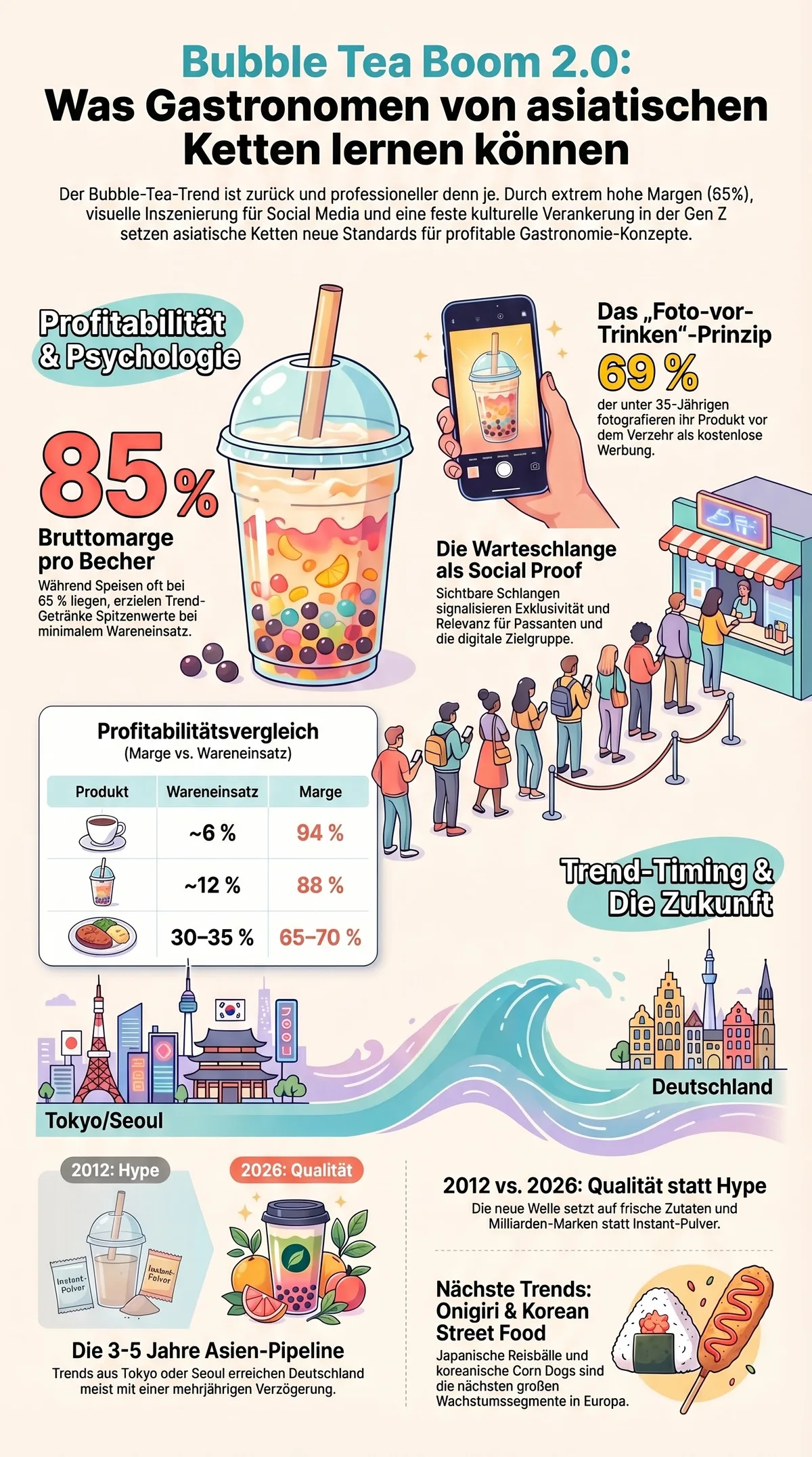 Bubble Tea Boom 2.0 Infografik: 85% Marge, Foto-vor-Trinken-Prinzip, 3–5 Jahre Asien–Europa-Pipeline und Trend-Timing für Gastronomen