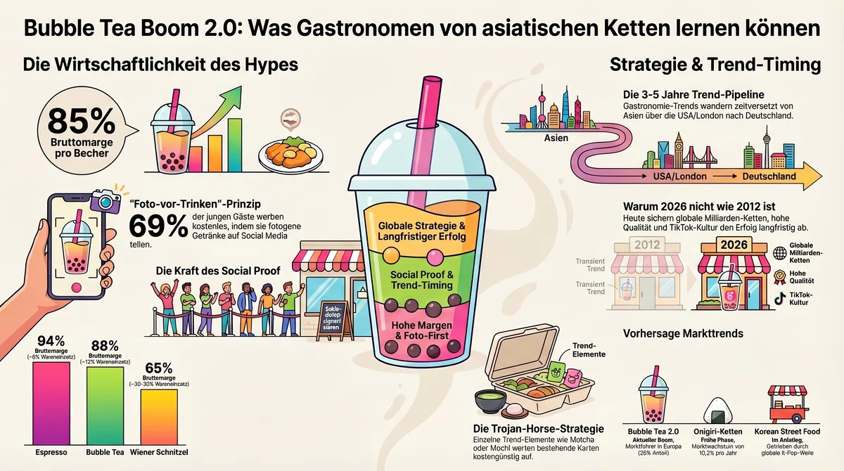 Bubble Tea Boom 2.0 Strategie-Infografik: Wirtschaftlichkeit, Foto-vor-Trinken, Asien-Pipeline, Social Proof und nächste Markttrends für Gastronomen