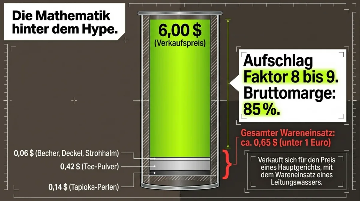 Bubble Tea Mathematik: Wareneinsatz 0,65 Dollar (Tee-Pulver, Tapioka-Perlen, Becher) ergibt 85% Bruttomarge bei 6 Euro Verkaufspreis