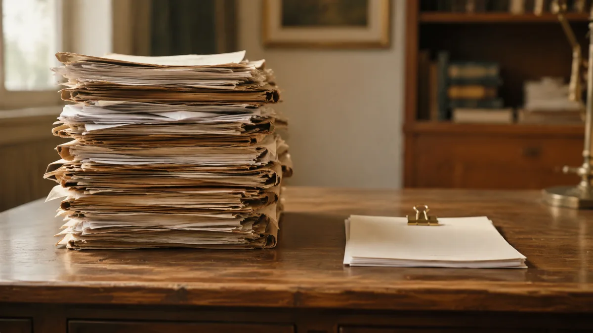 Zwei Papierstapel nebeneinander, links hoch und unsortiert, rechts vier Blatt mit Messingklammer