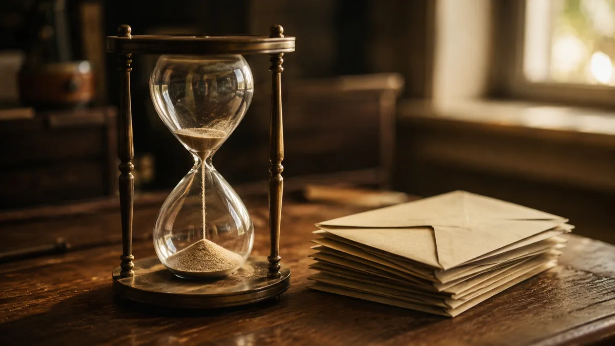 Große Sanduhr mit fast durchgelaufenem Sand neben ungeöffneten Briefumschlägen
