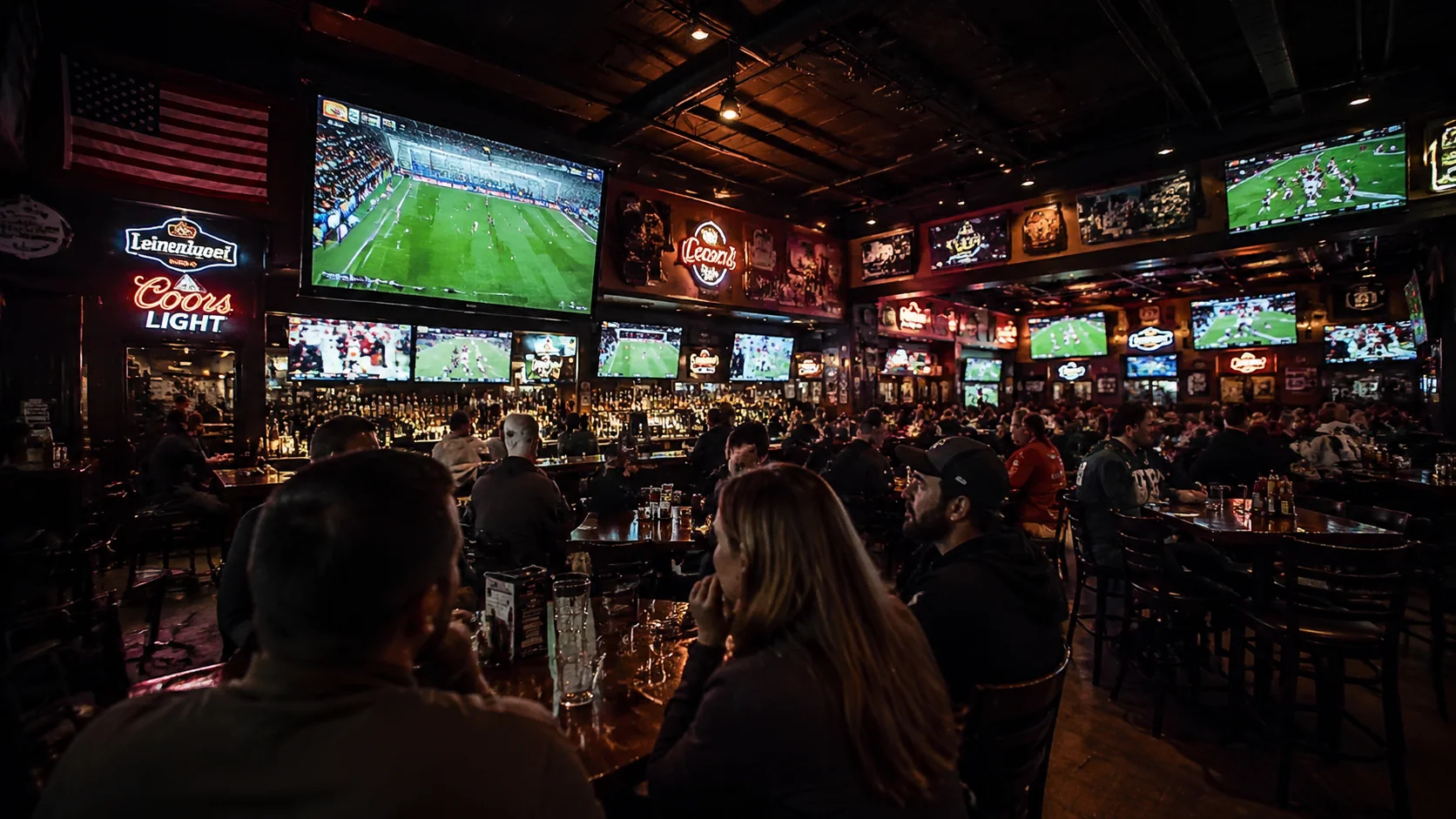 Großer amerikanischer Sportbar-Innenraum mit mehreren Flachbild-TVs für Fußball und Football, Gemeinschaftstische mit Gästen, Neon-Bier-Schilder, gedämpftes warmes Licht