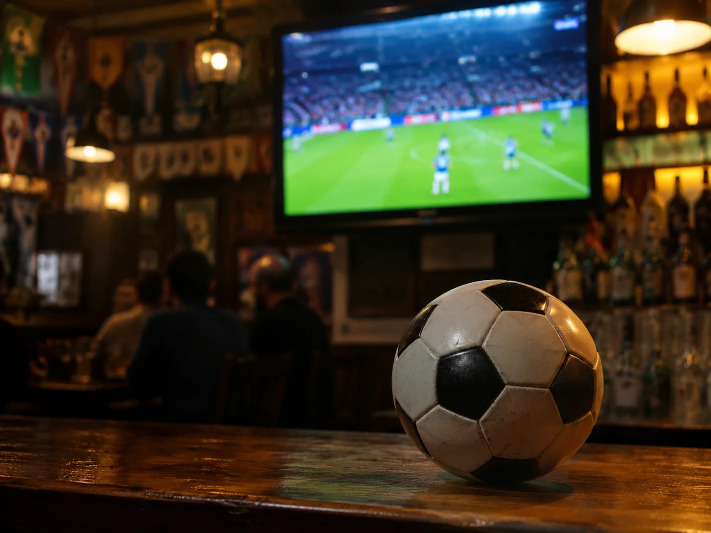 Cinematic-Aufnahme eines Fußballs auf einer Holz-Bar-Theke vor einem TV-Bildschirm mit Fußball-Spiel, atmosphärisch, fokussiert