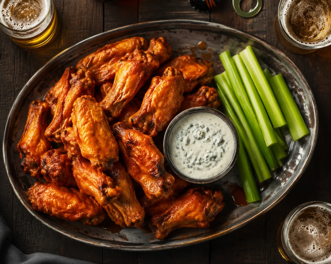 Top-down-Aufnahme einer Platte Buffalo Chicken Wings mit Selleriestangen, Blue-Cheese-Dip und Bier in Gläsern auf dunklem Holztisch, professionelle Food-Photography