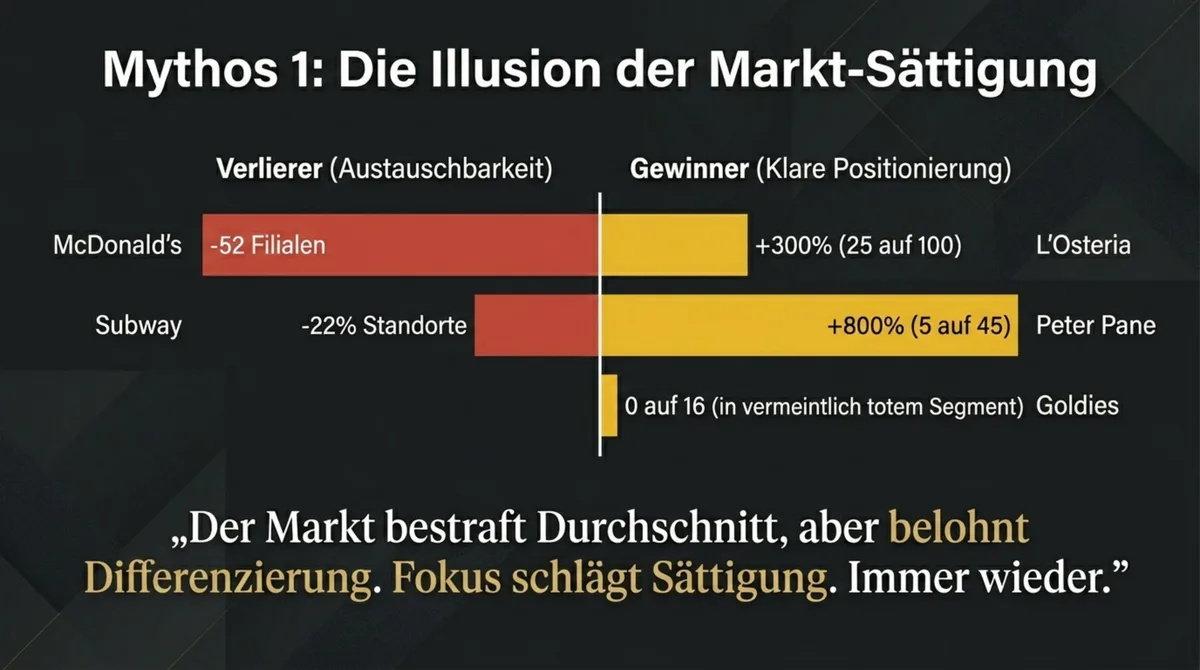 Gewinner vs. Verlierer im deutschen Burger-Markt: McDonald's -52 Filialen, Subway -22%, während Peter Pane +1.000% und Goldies von 0 auf 16 Standorte wächst