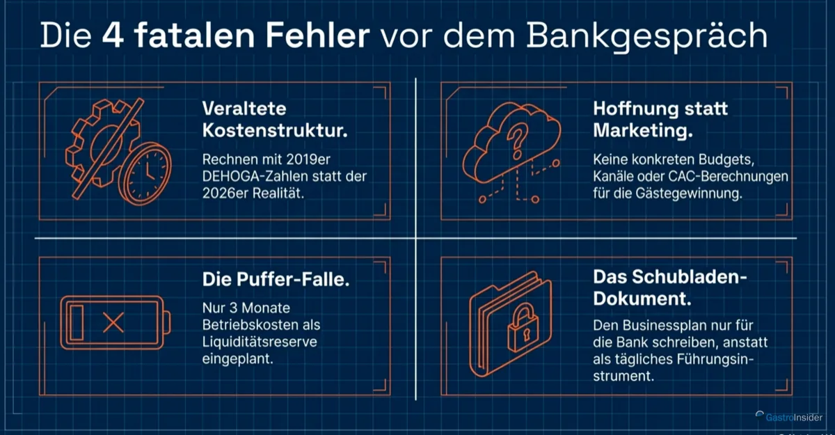 4 fatale Fehler vor dem Bankgespräch - Kosten Marketing Puffer Schublade