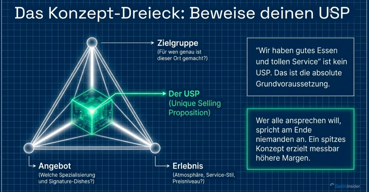 Konzept-Dreieck Gastronomie - Zielgruppe Angebot Erlebnis und USP