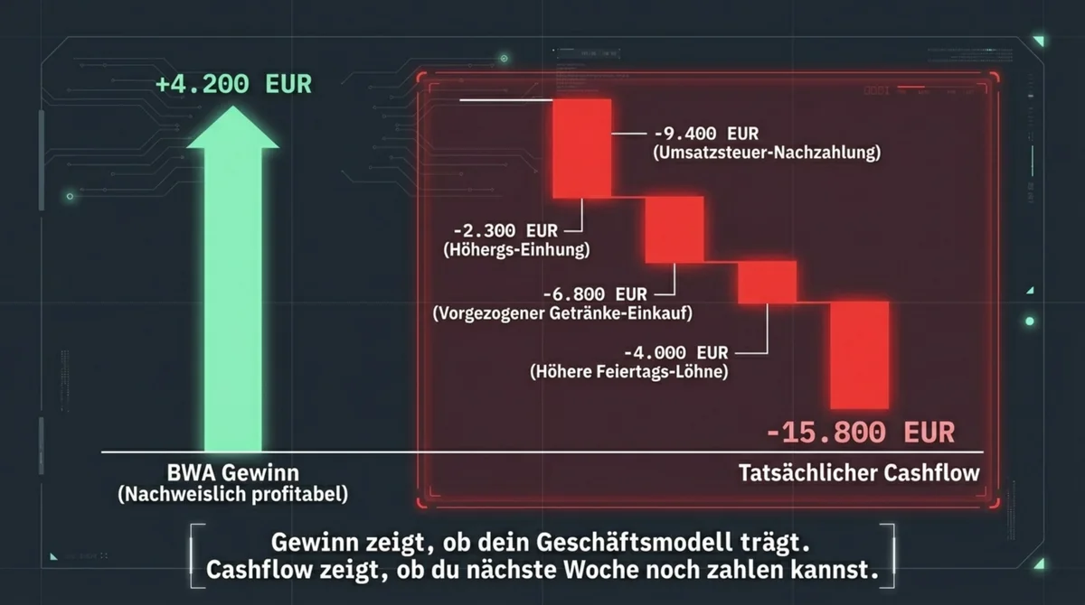 BWA-Gewinn 4.200 EUR versus tatsächlicher Cashflow minus 15.800 EUR – das Paradoxon für Restaurants