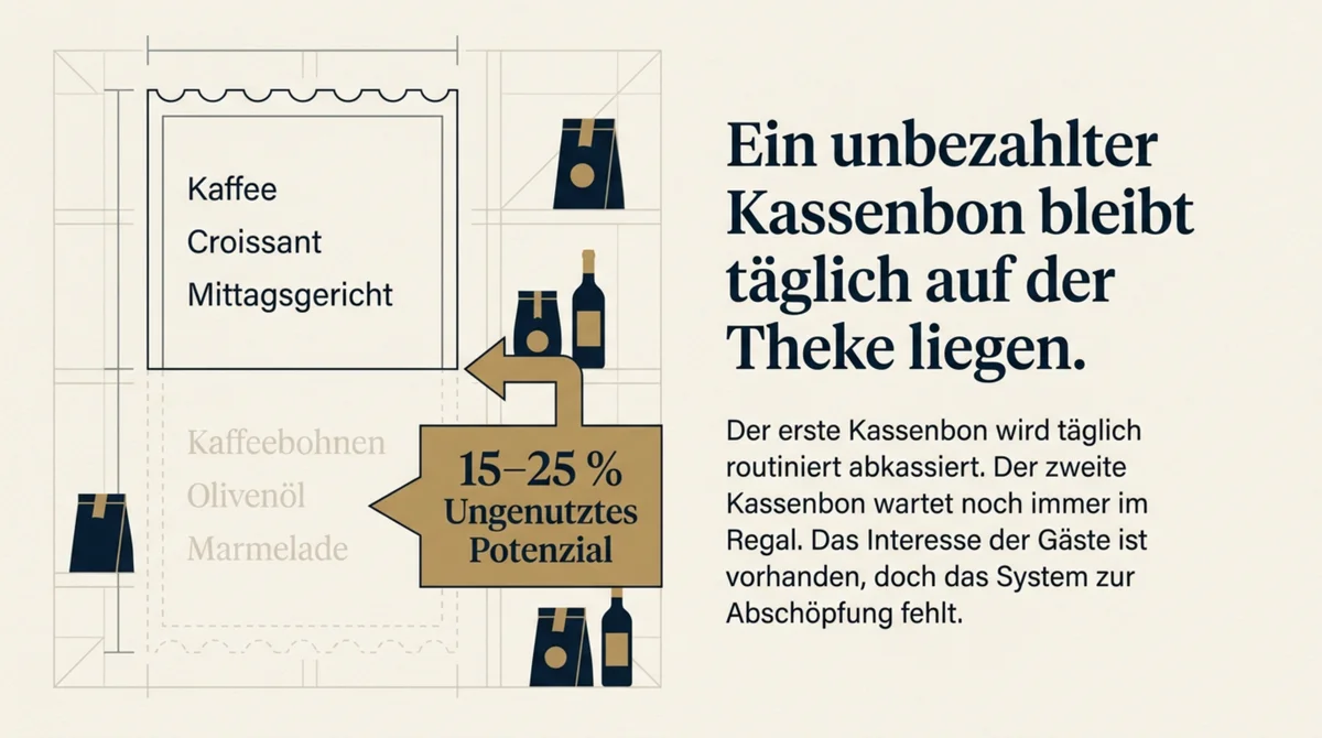 Infografik: 15–25 % ungenutztes Umsatzpotenzial im Café – der zweite Kassenbon mit Kaffeebohnen, Olivenöl, Marmelade wartet noch im Regal