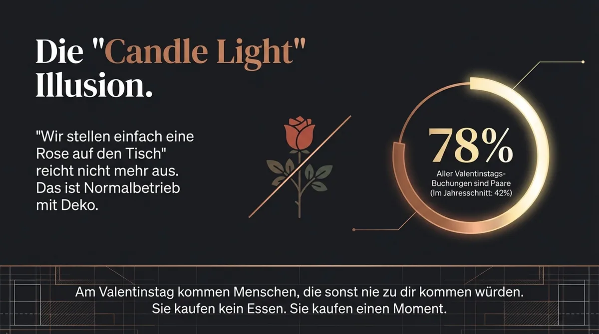 Die Candle-Light-Illusion: 78 Prozent aller Valentinstags-Buchungen sind Paare, doch eine Rose auf dem Tisch reicht nicht