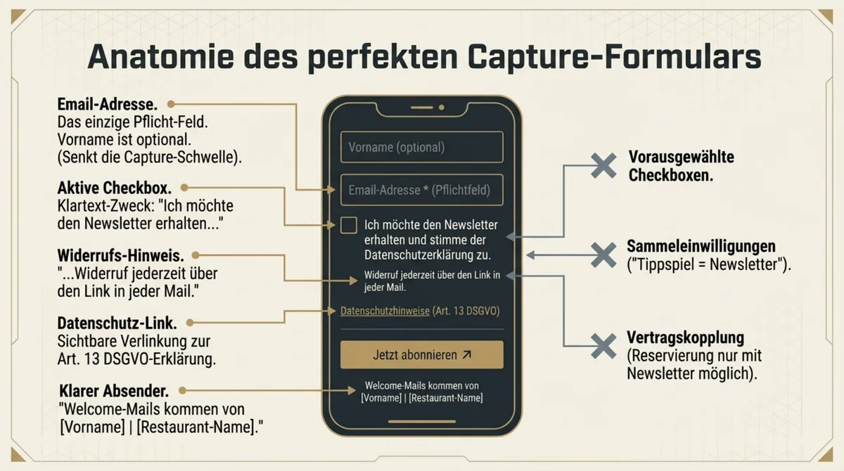 Anatomie des DSGVO-konformen Capture-Formulars für Restaurants: aktive Checkbox, Datenschutz-Link, klarer Sender-Name, keine vorausgefüllten Checkboxen, keine Sammeleinwilligungen
